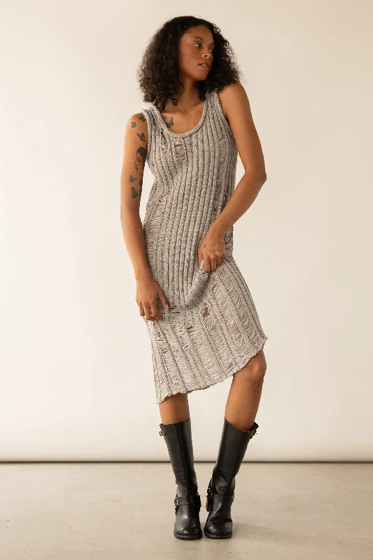 Versatile Items SLEEVELESS RIB-KNIT DISTRESSED MIDI DRESS