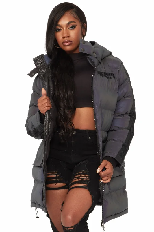 Casual And Comfortable Nikita Reflective Black Long Puffer Jacket