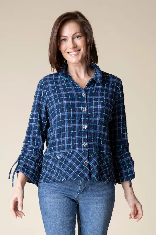 Classic Double Faced Windowpane Ruched Sleeve Jacket