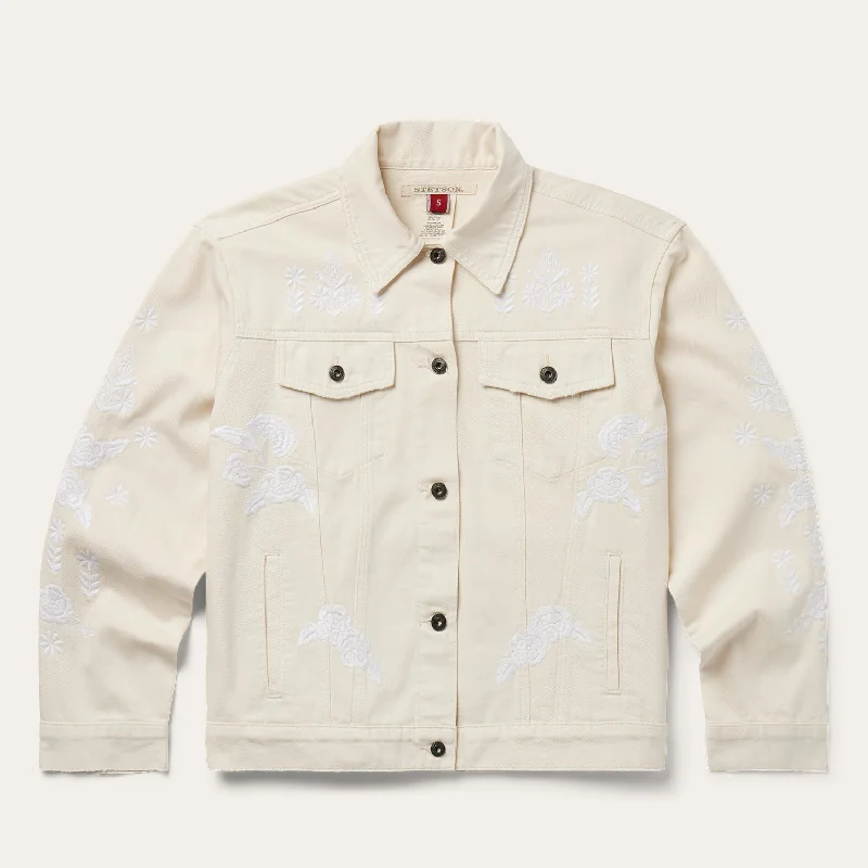 Comfortable and simple Embroidered Cream Denim Jacket