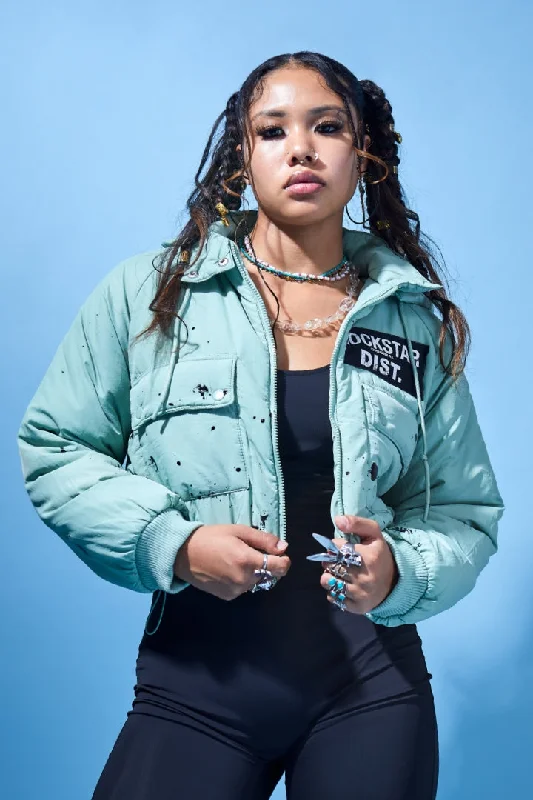 Fashionable And Fashionable Zayla Sage Green Art Dist. Puffer Jacket