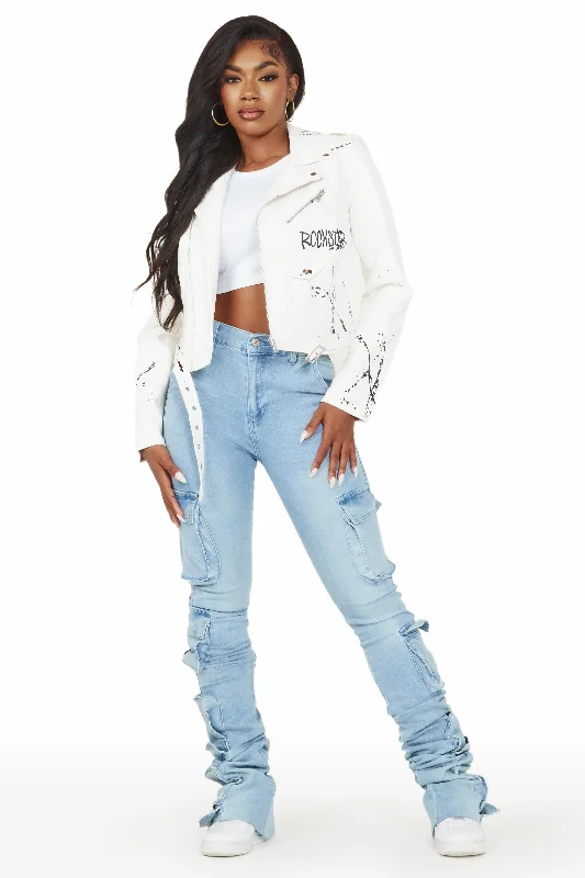 Light And Breathable Indi White Drippy Biker Jacket