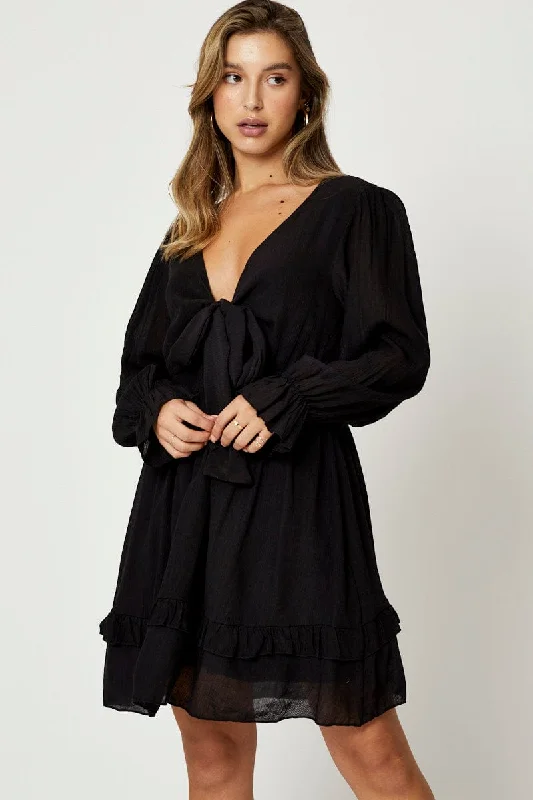 Warm Comfort Black Tie Front Skater Dress