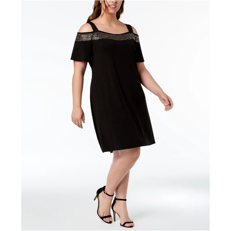 High waist design Belldini Womens Sequin Trimmed Cold Shoulder Shift Dress, Black, 2X