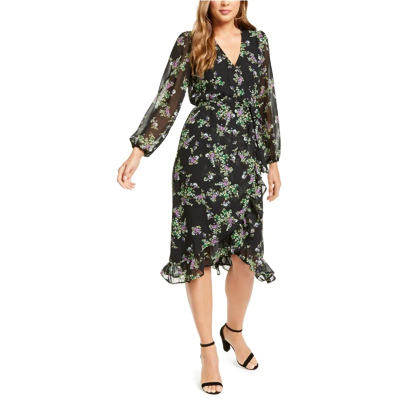 Extra long version Q & A Womens Belted Floral Print Midi Dress, Black, Small