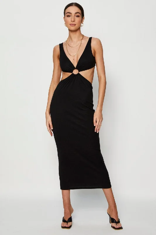 British casual Black Midi Dress Ribbed Cut Out