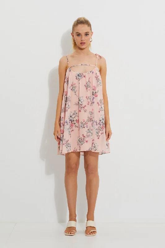 Retro Skirt Design Print Print Tie Shoulder Swing Dress