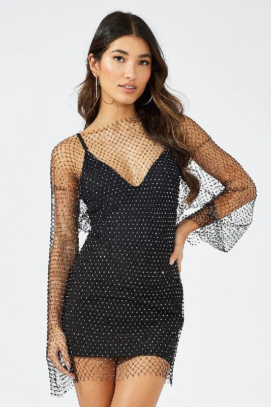 Printed pattern Black Rhinestone Mesh Fishnet Dress