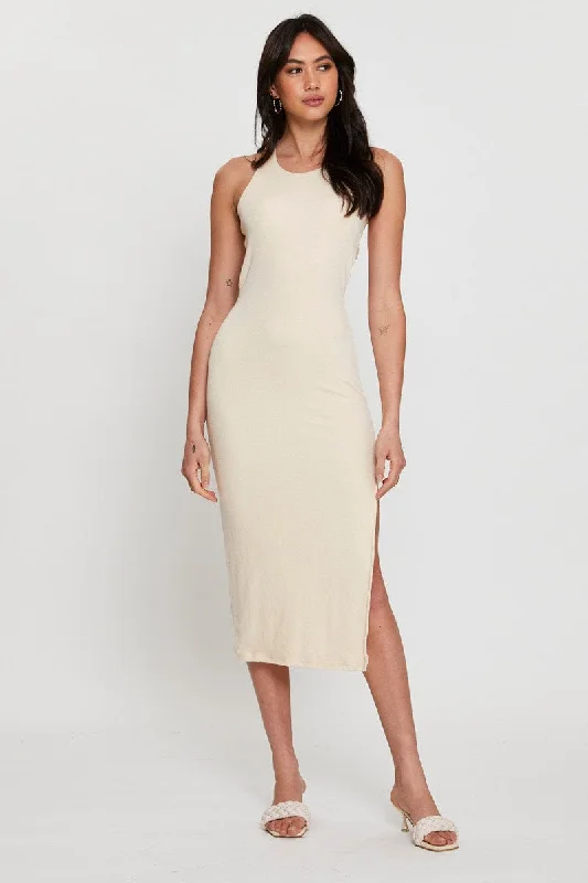 Fashionable And Fashionable Beige Midi Dress Bodycon