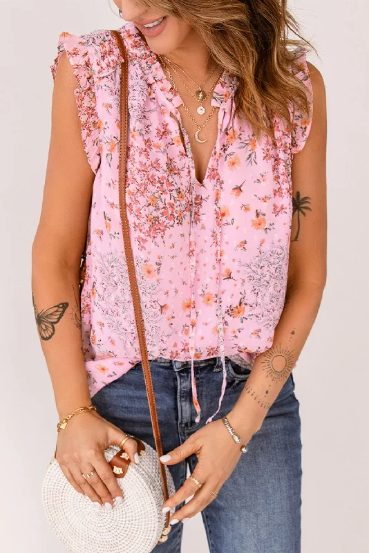 Energetic Pink Boho Floral Frill Trim Sleeveless Shirt