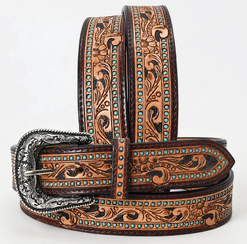Warm Comfort Brown Tooled Leather Turquouse Accent  Belt