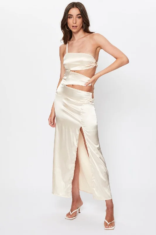 Exclusive Customization Beige Tie Side Cut Out Maxi Dress