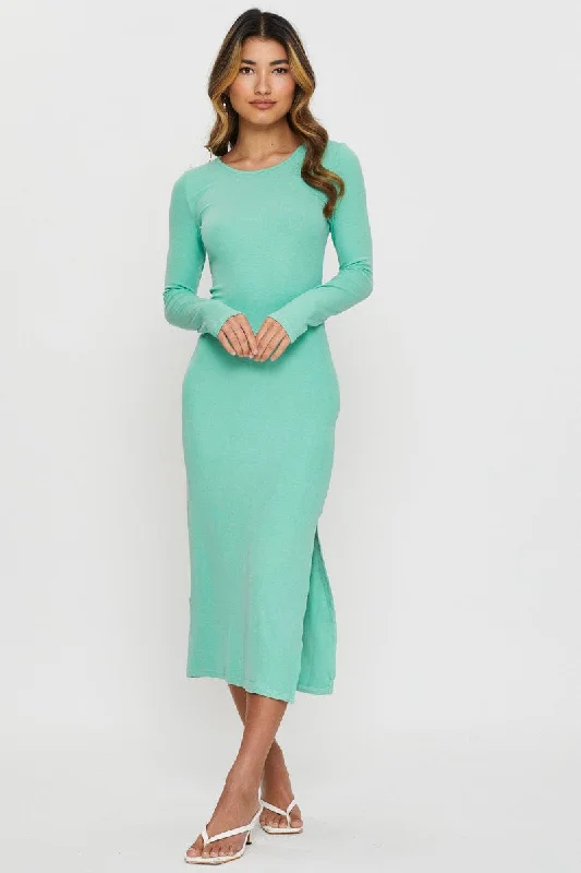 Exquisite Craftsmanship Green Midi Dress Long Sleeve