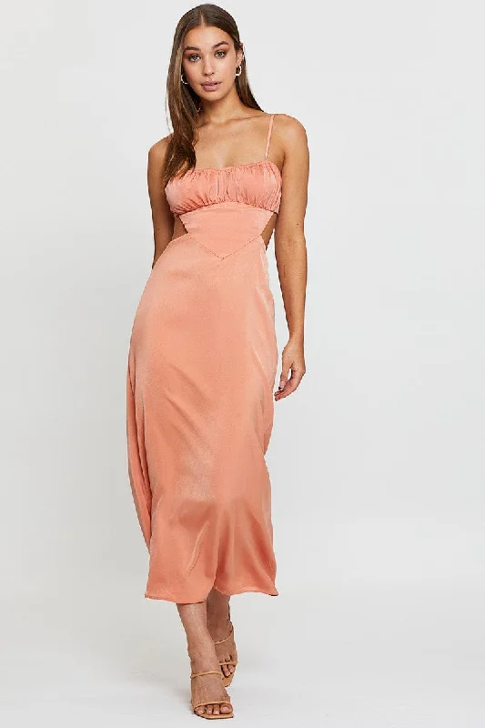 Fashion Elements Orange Midi Dress Evening Cowl Neck