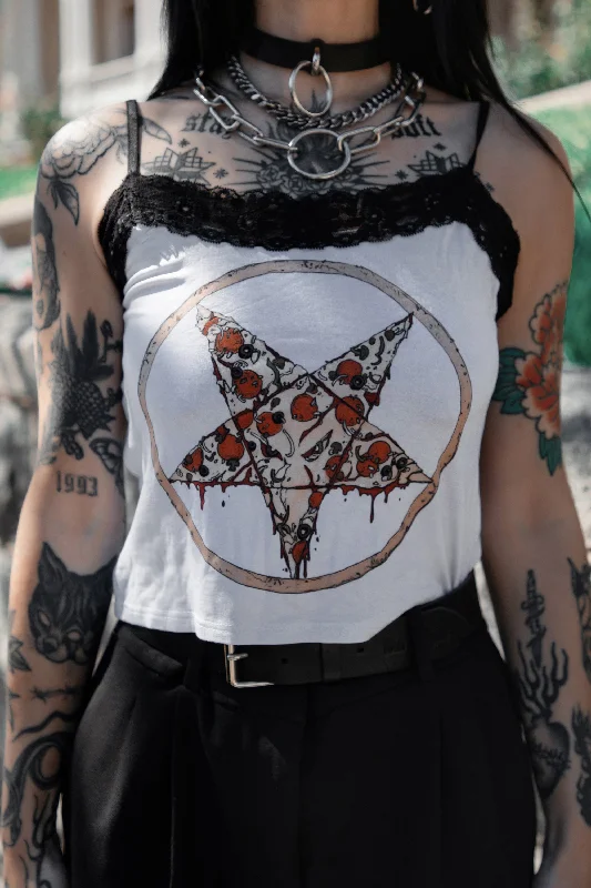 Street Casual Style Pentagram Pizza Cropped Lace Tank