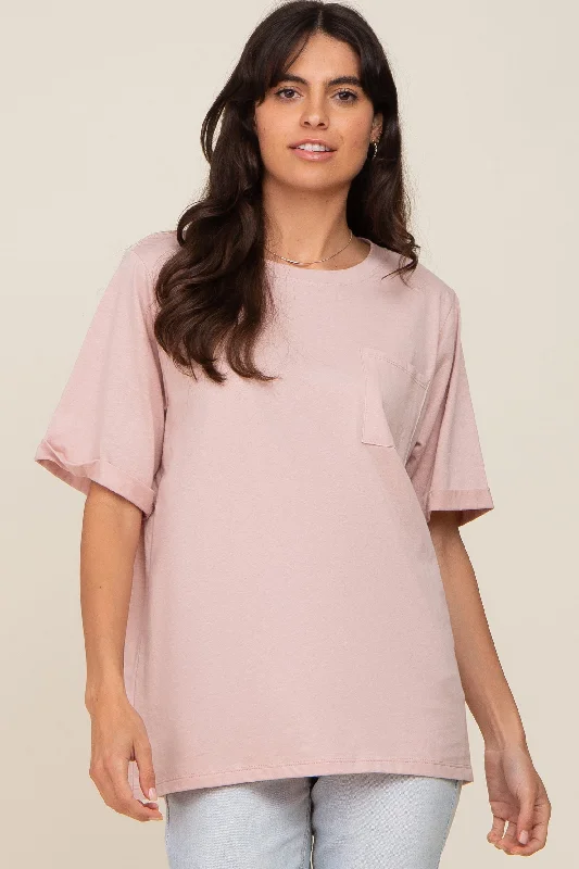Sports Casual Style Light Pink Oversized Pocket Front Short Sleeve Top