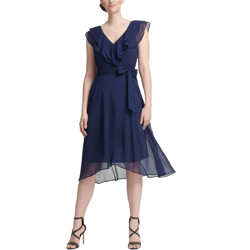 Simple Design DKNY Womens Ruffle Midi Dress, Blue, 16