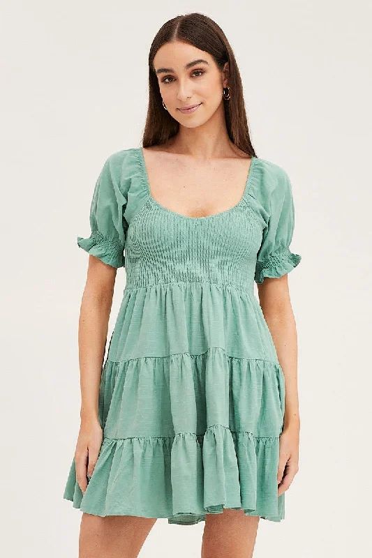 Breezy Style Green Puff Sleeve Shirred Tiered Skater Dress
