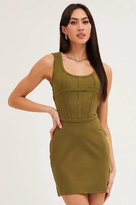 Street Sports Shoes Green Mini Dress Sleeveless Corset Detail Bodycon