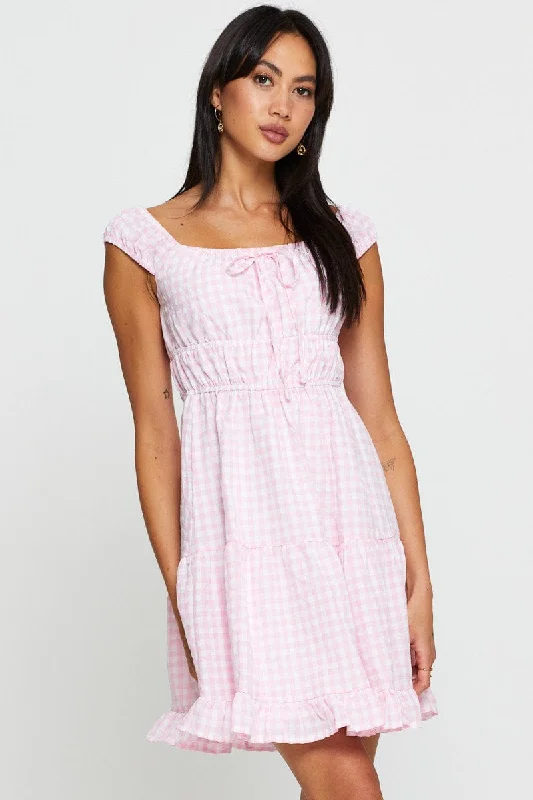 Casual Elegance Check Fit And Flare Dress Sleeveless Scoop Neck