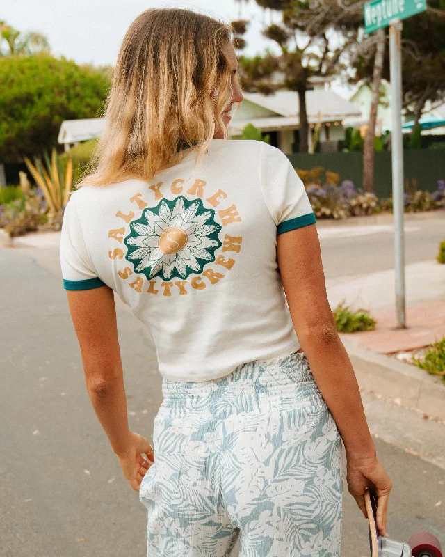 Exquisite Fabrics Flower Power Ringer Tee - Off White/Kelp
