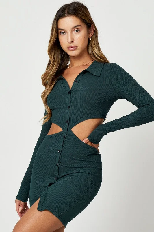 All-Day Comfort Green Button Front Cut Out Dress