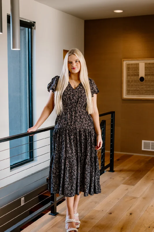 Breathable Comfort Regan Printed Midi Dress | Black/Taupe