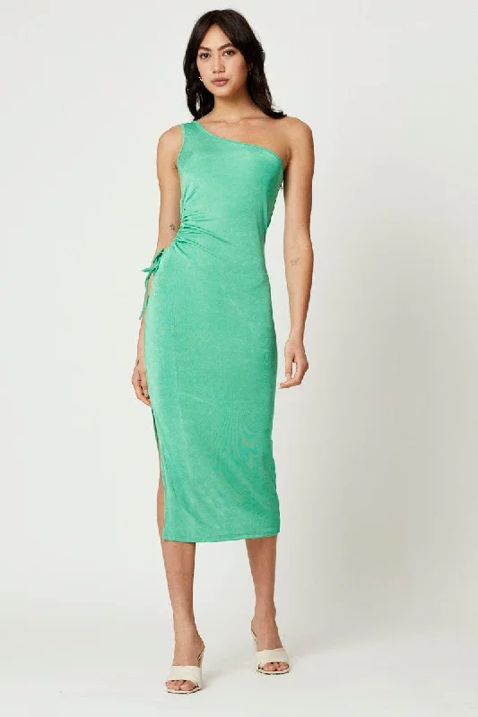 Retro Design Green Midi Dress One Shoulder Evening
