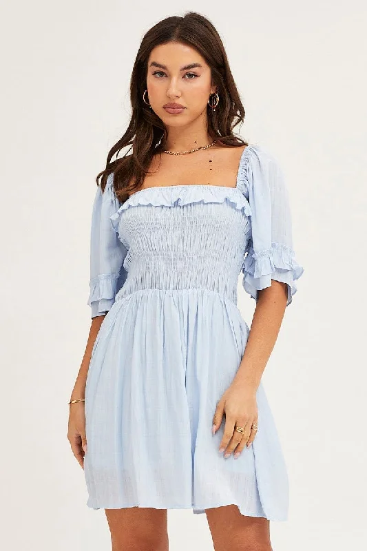 Relaxed Fit Blue Mini Dress Short Sleeve