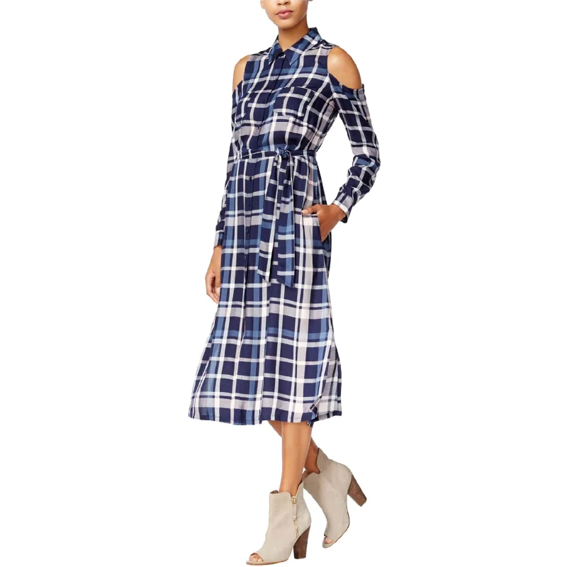 Elegant Design maison Jules Womens Cold-Shoulder Plaid Midi Shirt Dress, Blue, X-Large