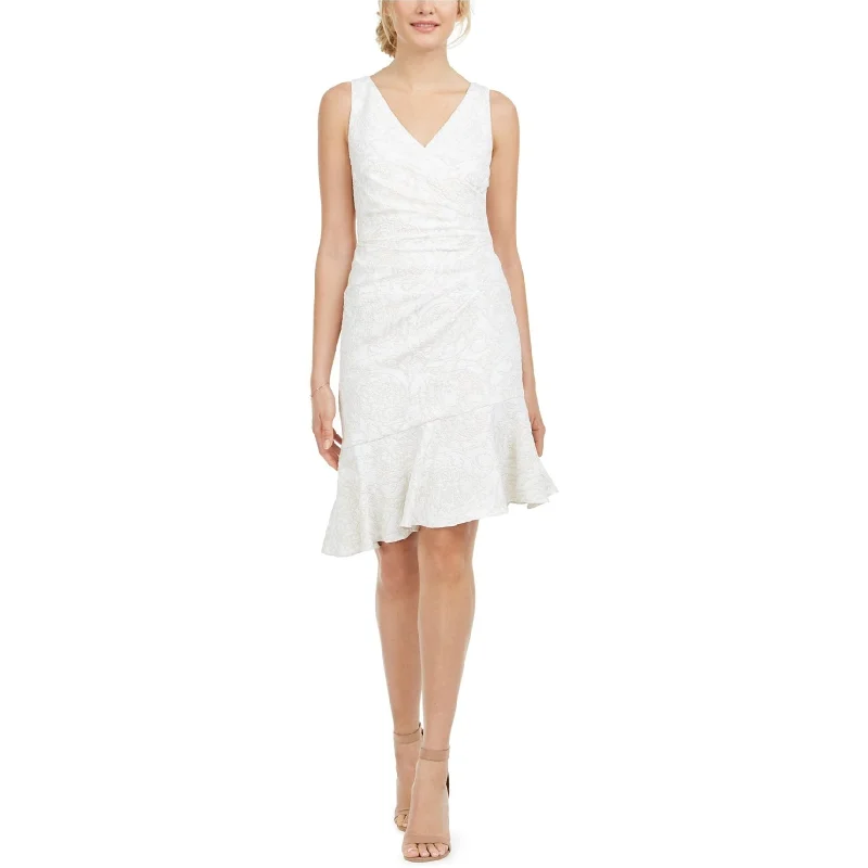 Fashion Concept Adrianna Papell Womens Short Flounce Surplice Dress, Off-White, 8