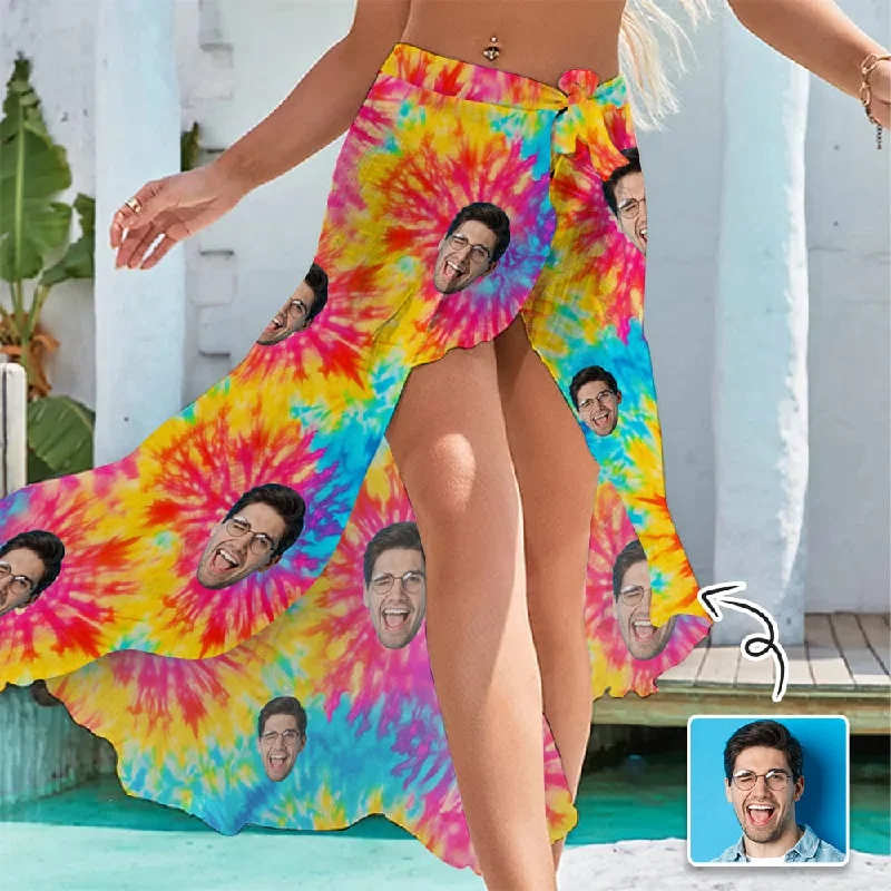 Cozy Look Custom Face Rainbow Colors Women's Long Cover Up Skirt With Slit Swimsuit Beach Wrap Cozy Look Custom Face Rainbow Colors Women's Long Cover Up Skirt With Slit Swimsuit Beach Wrap