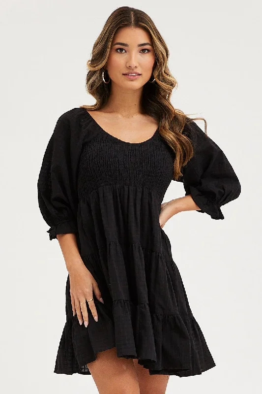 Easygoing Style Black Mini Dress Round Neck