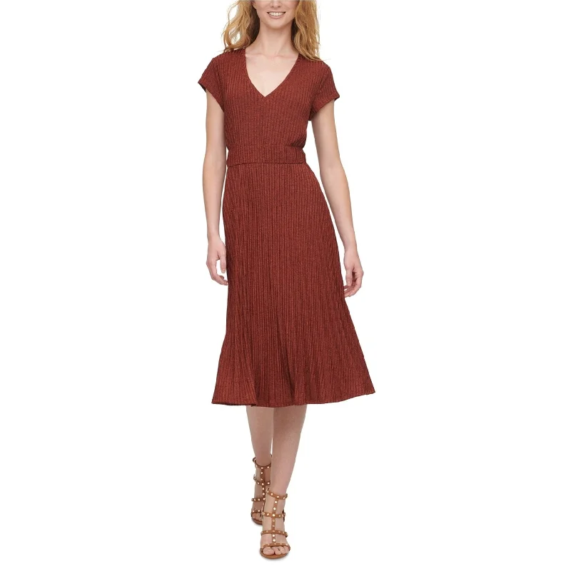 Relaxed And Casual DKNY Womens Textured Knit A-line Midi Pleated Dress, Brown, X-Large