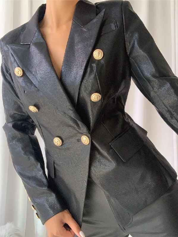 Classic Double-Breasted Leather Blazer