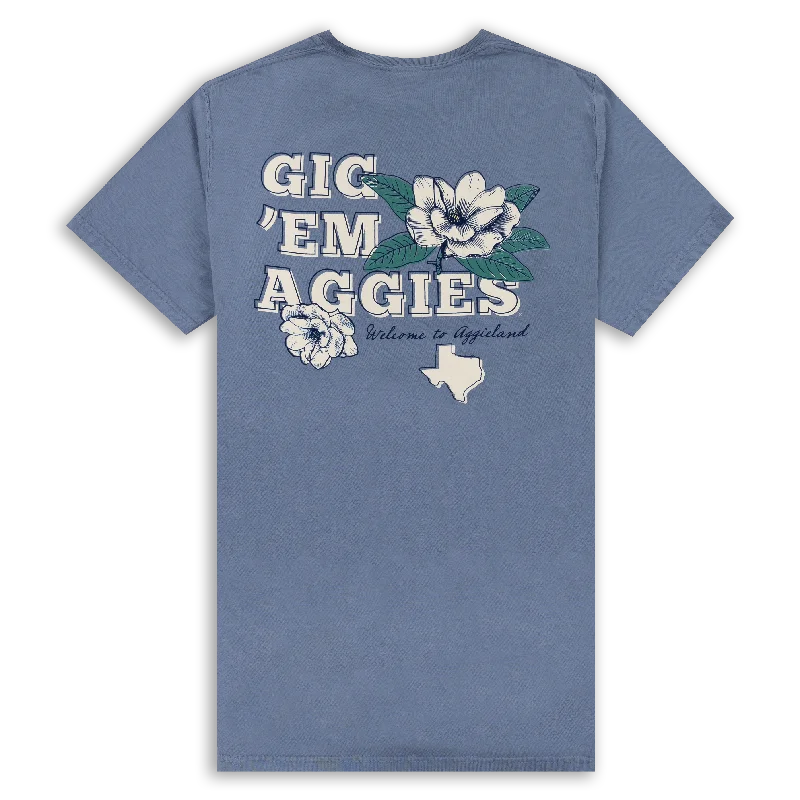 Elegant And Lazy Texas A&M Gig 'Em Aggies Floral Blue T-Shirt