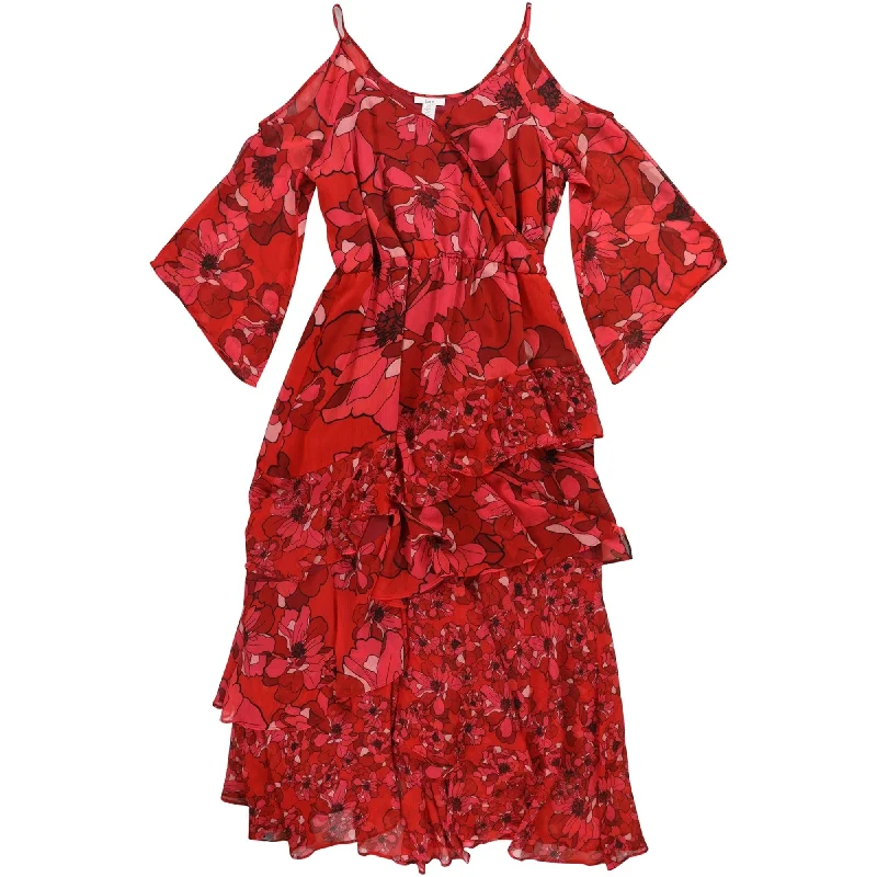 Avant-garde trend bar III Womens Floral Print Cold Shoulder Tiered Dress, Red, X-Large