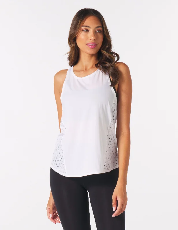 Casual And Versatile Keen Tank: White Sunburst Laser Cut
