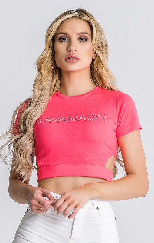 Luxury Style Neon Pink Crystal Cut Out Cropped Top