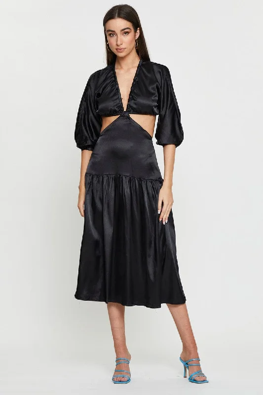 Comfortable Fashion Black Midi Dress Short Sleeve