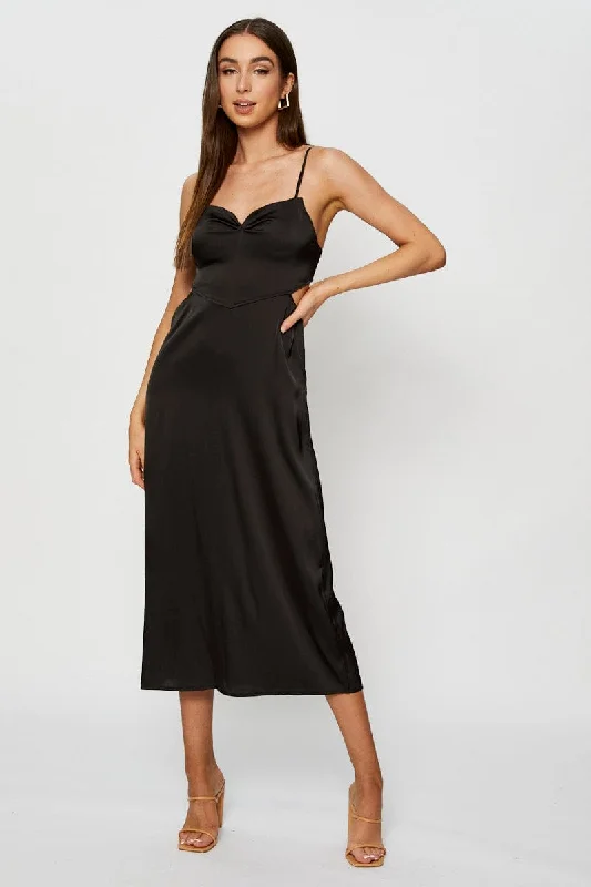Stand-up collar design Black Midi Dress Cowl Neck Satin