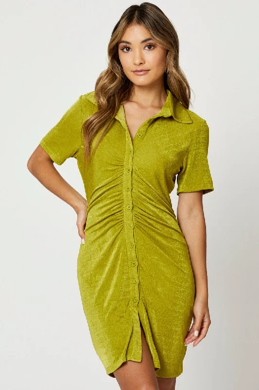 Casual And Comfortable Green Button Front Ruched Shirt Dress