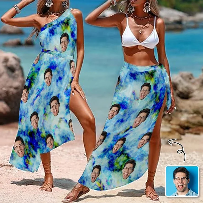 Fashion Must-have Custom Face Blue Tie Dye Women's Long Cover Up Skirt With Slit Swimsuit Beach Wrap