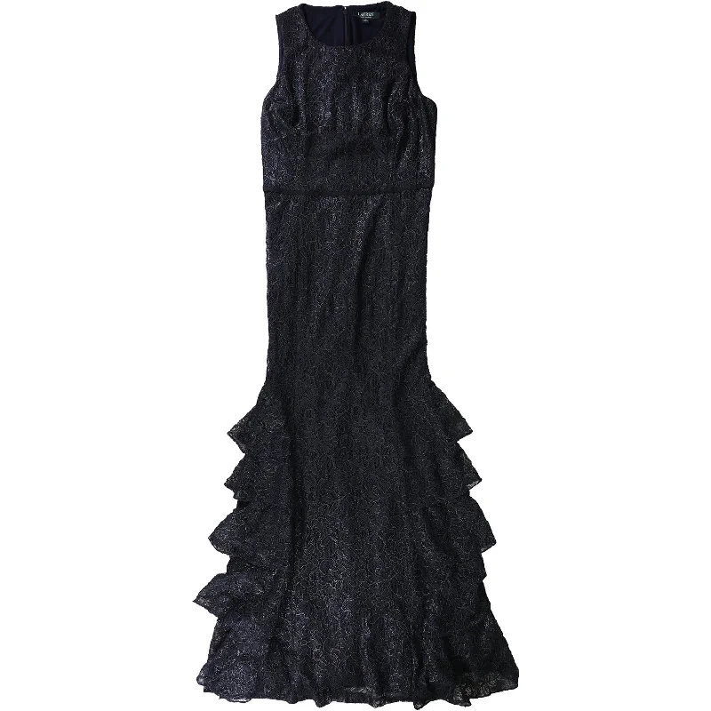Thin Design Ralph Lauren Womens Ruffled Lace Gown Dress, Blue, 10