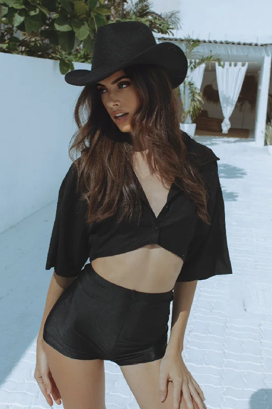 Fashion Pioneer SUEZ CROP SHIRT - BLACK