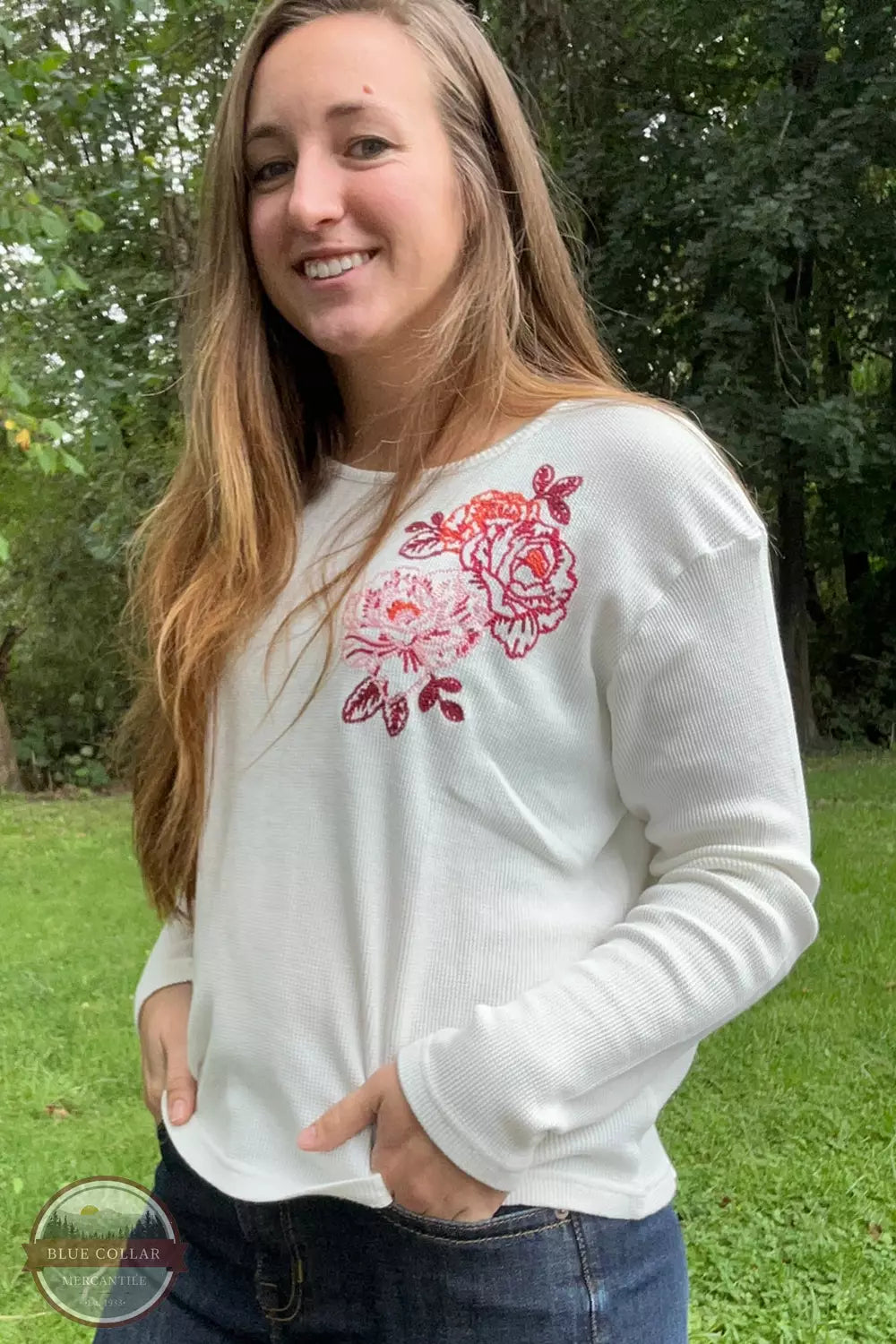 Autumn Selection 03-038-0513-6110 WH Waffle Weave Embroidered Rose Long Sleeve T-Shirt