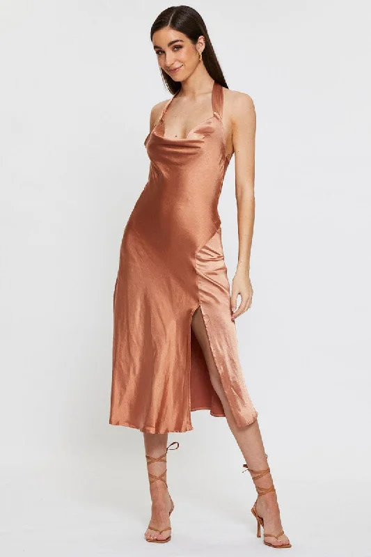 High-quality fabrics Brown Slip Dress Midi Satin