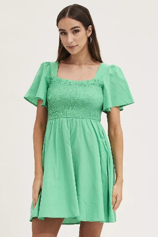 Cozy Vibes Green Mini Dress Square Neck