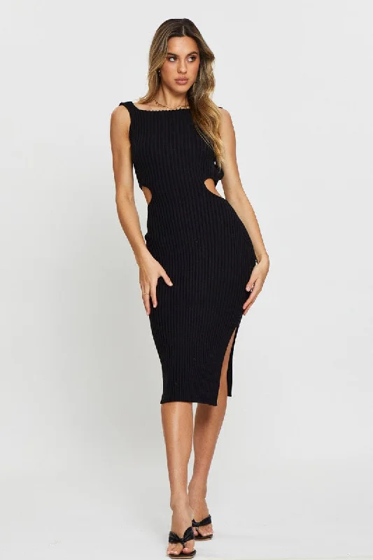 Hooded design Black Knit Dress Midi