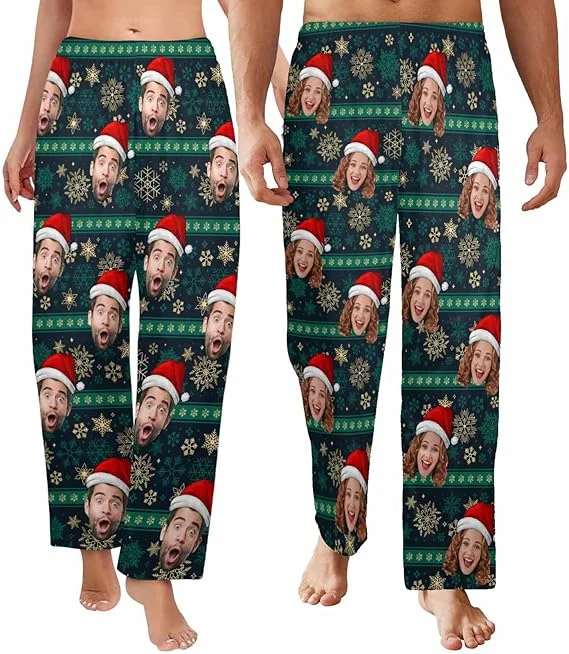 Bright Colors Custom Face Pajama Pants for Women Men Snowflake Printed Pj Loose Fit Lounge Pants